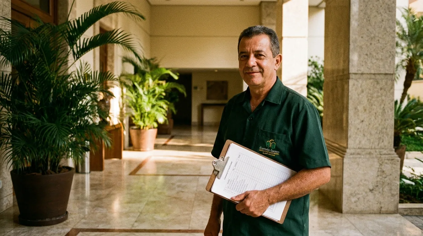 Zelador de uniforme verde segura uma prancheta de checklist no hall de um condomínio