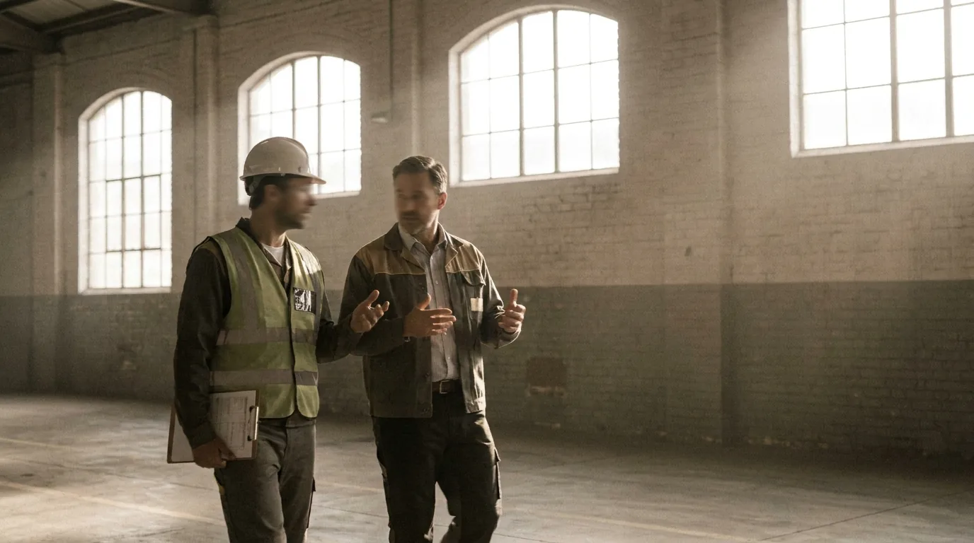 Dois profissionais conversam durante a vistoria técnica de um galpão industrial